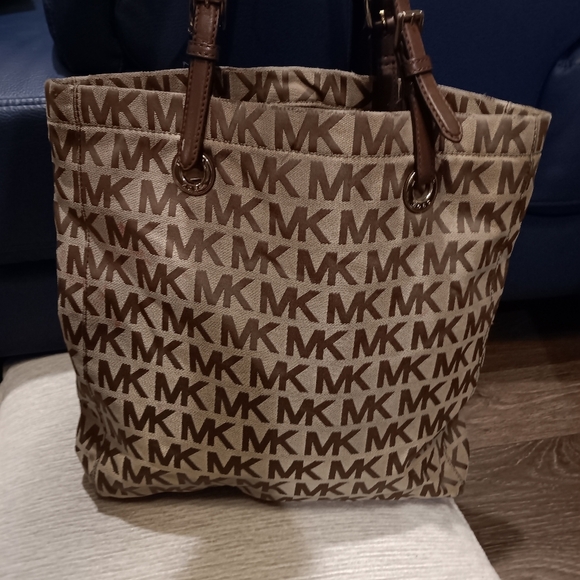 Michael kors jet set logo north south tote bag purse beige and brown MK print - Picture 2 of 6